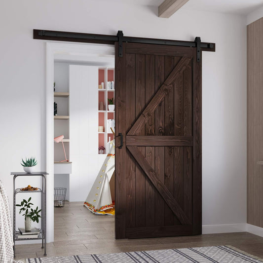 FREDBECK 42in x 84in Brown Barn Door with 7ft (84inch) Barn Door Hardware Track Kit and Handle Included, Double Surfaces,Simple Assembly is Required,K-Frame,Coffee