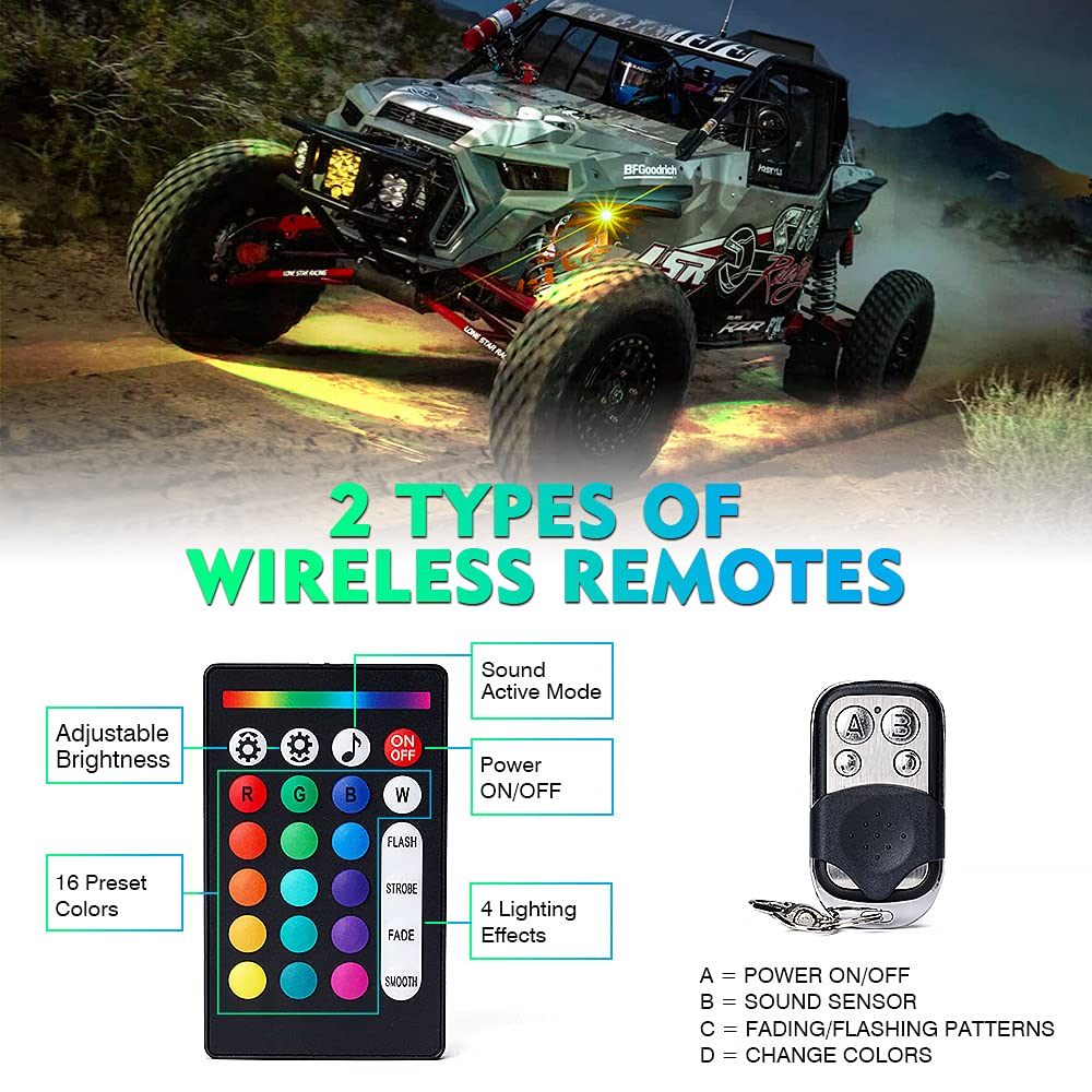 Xprite RGB Bluetooth Rock Lights Kit, Multicolor Neon Lighting Cars Underglow Footwell Wheel Well Light Pods, w/RF Remote Controller for Off-Road, Trucks, UTV, ATV, SUV, RZR, Motorcycles, Boat 8 PCS