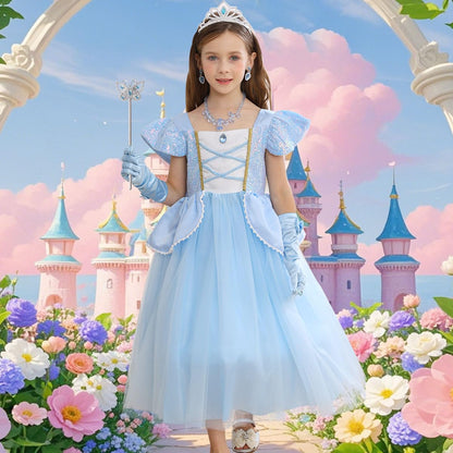 iTVTi Princess Cinderella Costume for Girls Kids Cosplay Dress Carnival Halloween Party Outfit, Blue, 5-6 Years