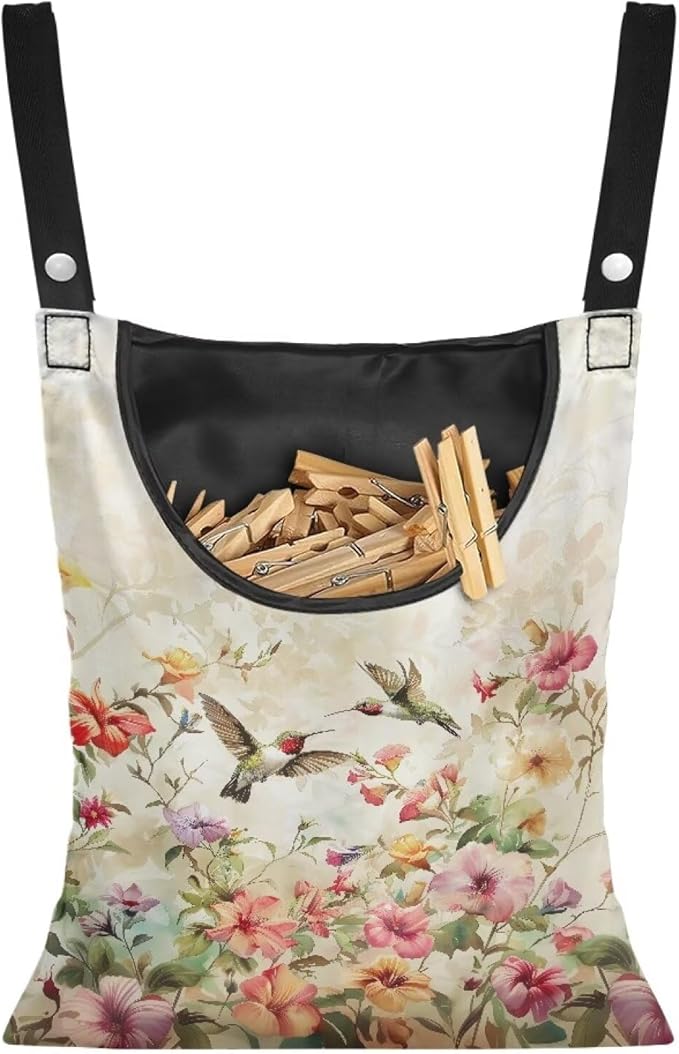 Hummingbird Pink Clothespin Bag, Large Clothes Pin Hanging Bag, Pin Bag
