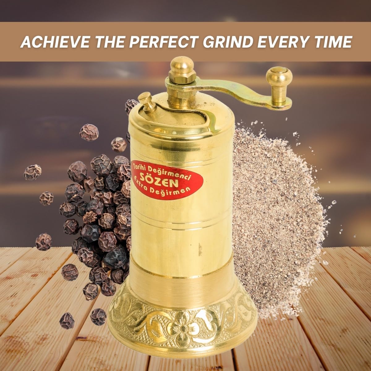 Sozen 4.3" Manual Pepper Grinder Brass – Handmade Turkish Pepper Mill, Conical Burr Spice Grinder, Portable Hand Crank Mill for Salt, Peppercorns, and Other Spices with Durable Brass Decor