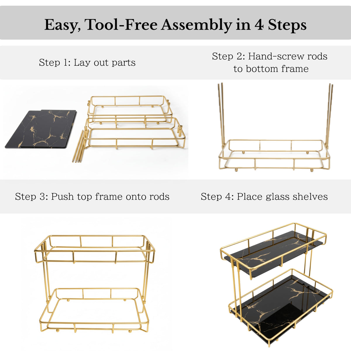 Léazora 2-Tier Black Marble Bathroom Countertop Organizer – Glass Shelves & Gold Metal Frame, Stylish Vanity Storage Shelf for Perfume, Skincare, Makeup & Toiletries