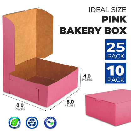 Fit Meal Prep [25 Pack] Pink Bakery Boxes 8x8x4 Pastry Box for Cupcakes, Desserts, Cookies, Candies Ideal Packaging for Bakeries and Home-made Baked Goods, Favors, and Gifts