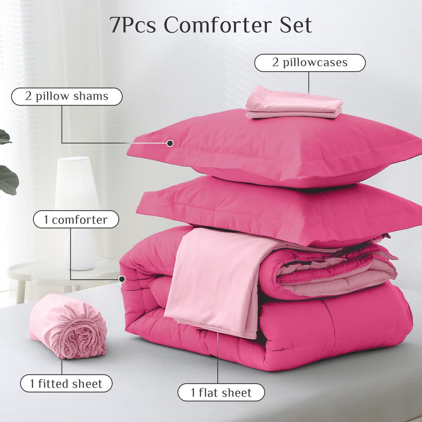 JOLLYVOGUE Queen Comforter Set, Ultra-Soft Bed in a Bag Queen Size 7 Pieces, Oeko-TEX Certified Bedding Set with Down Alternative Comforter, Sheets, Pillowcases & Shams, Hot Pink & Baby Pink
