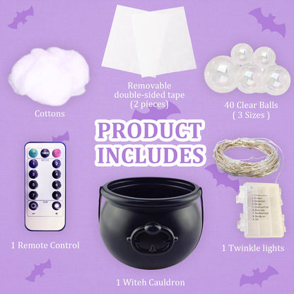 HEVOY Glowing Witch's Cauldron Set, Easy DIY Light-Up Bubbling Cauldron With Clear Ornaments, Halloween Party Indoor Prop Decor (Black)
