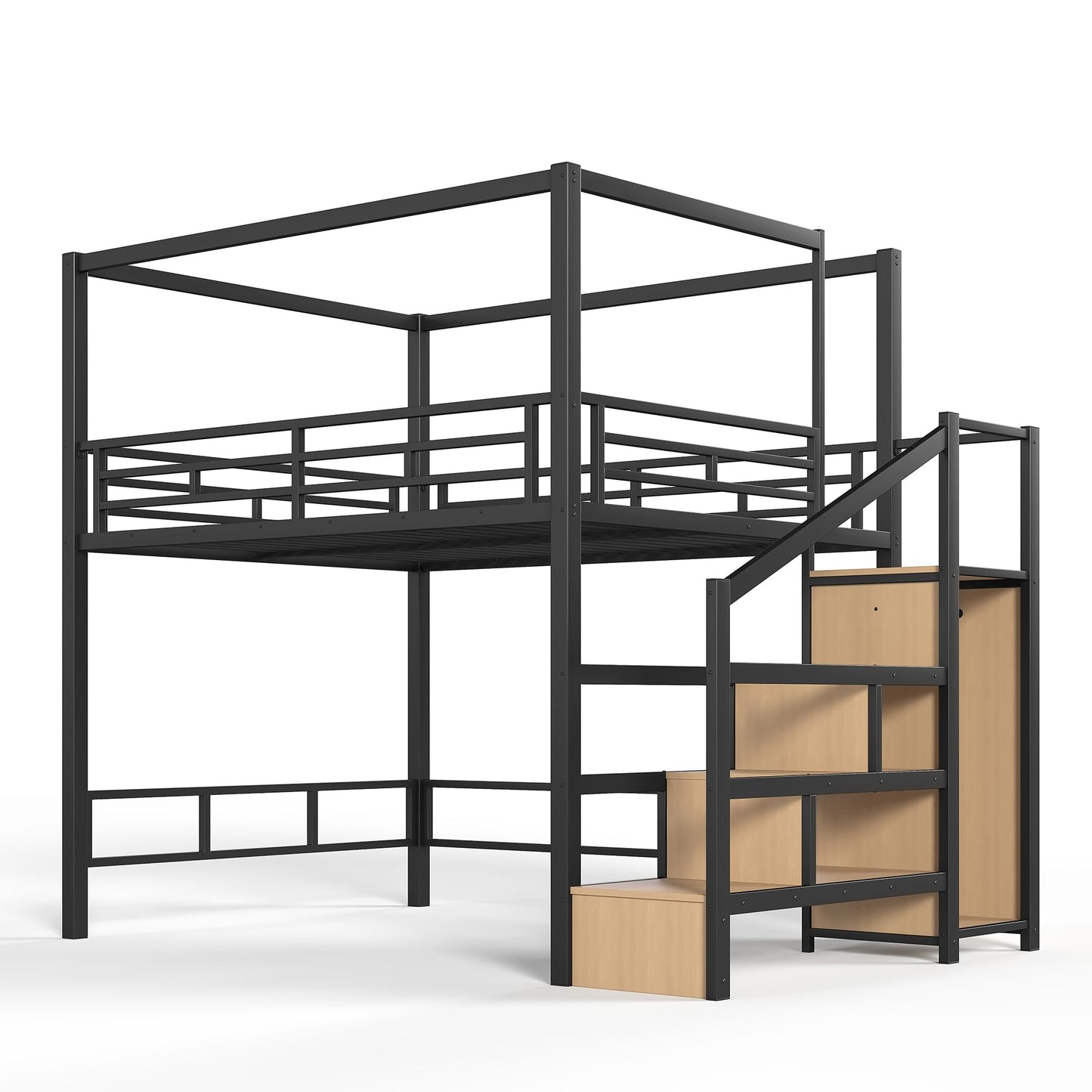 Bellemave Queen loft Bed with Storage Stairs, LED, Wardrobe, Canopy Support Pole, Metal Queen Loft Bed Frame for Adults, Kids, Teens, Canopy can be Disassembled, Black+Natural Wood