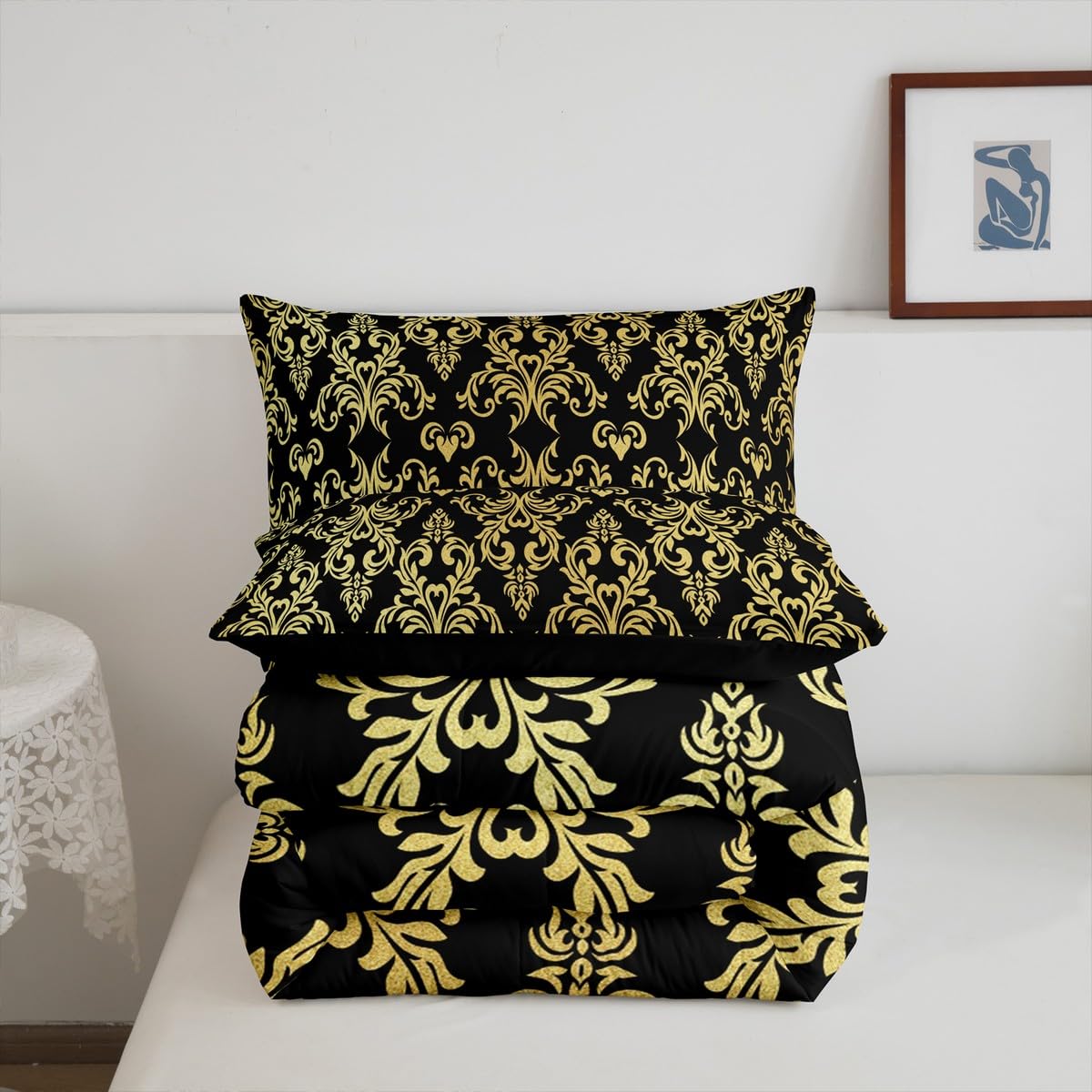 Feelyou Jacquard Bedding Set,Twin Size Floral Comforter Set for Adults & Teens,Boho Damask Duvet Set with Black & Gold Quilt,2Pcs