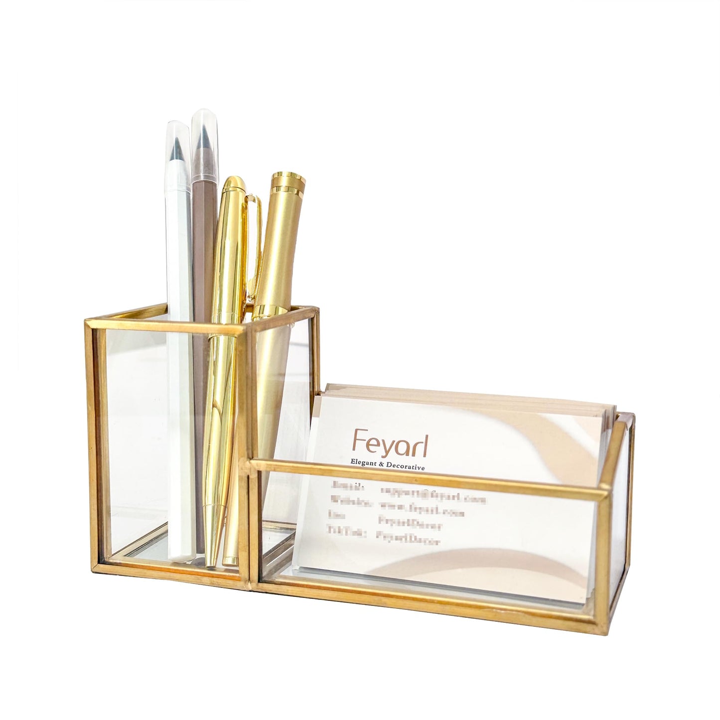 Feyarl Gold Glass Business Card Holder Pen Pencil Holder Desktop Business Name Card Office Accessory Display Stand Organizer Case for Office Desktop Meeting Countertop