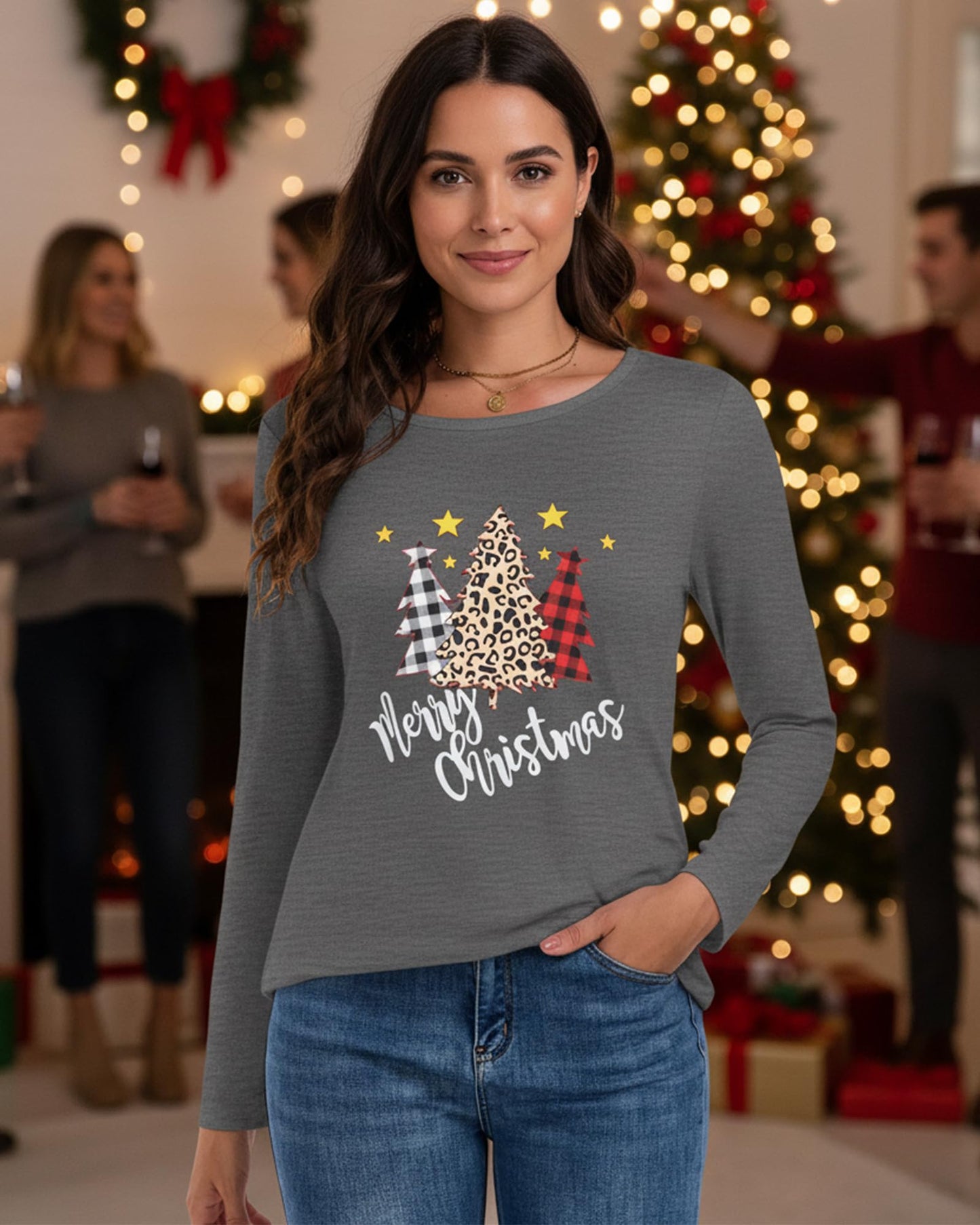 Long Sleeve Shirts for Women Basic Crew Neck Fall Tops Casual Fit T Shirts, Christmas Tree, L
