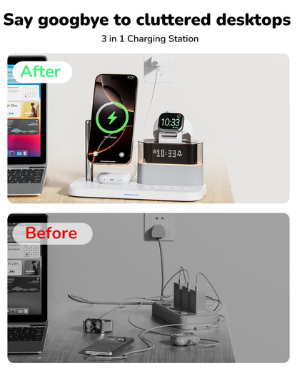 5 in 1 Wireless Charging Station for Apple,Magnetic Charger with Alarm Clock Night Light for Multiple Devices,Nightstand Charging Station Compatible with iPhone 17/16/15/14/13/12,Apple Watch,Air-Pods
