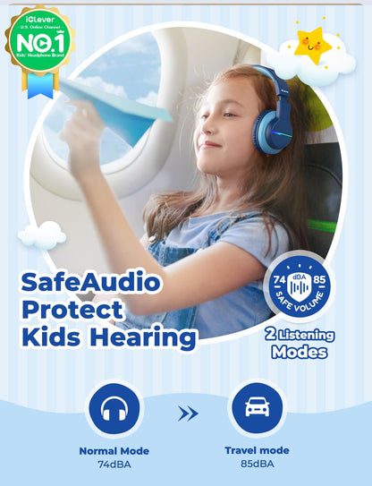 iClever Bluetooth Kids Headphones, BTH12 Colorful LED Lights Kids Wireless Headphones Over Ear with 74/85/94dB Volume Limited, 55H Playtime, Bluetooth 5.2, Built-in Mic for School/Tablet/PC