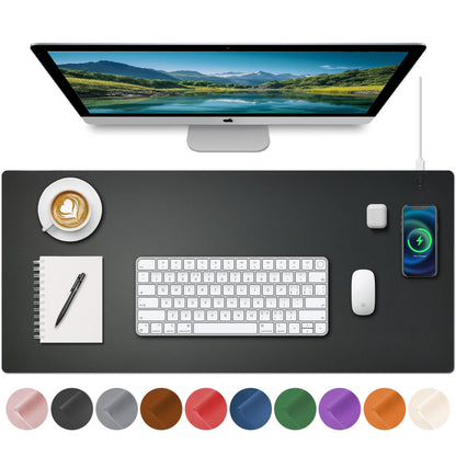 Desk Mat with Wireless Charging, Black Mouse Pad with Wireless Charger, Desk Pad Matt for Desktop, Mousepad Gaming Large Mouse Pad, Leather Compute for Keyboard and Mouse, 32" x 16"