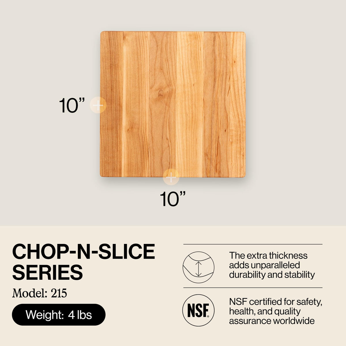 John Boos Chop-N-Slice Series Square Wooden Maple Cutting Board 10”x10” – 1” Thick, 4-lb Reversible Butcher Block with Eased Corners & Edge-Grain – Made in the USA