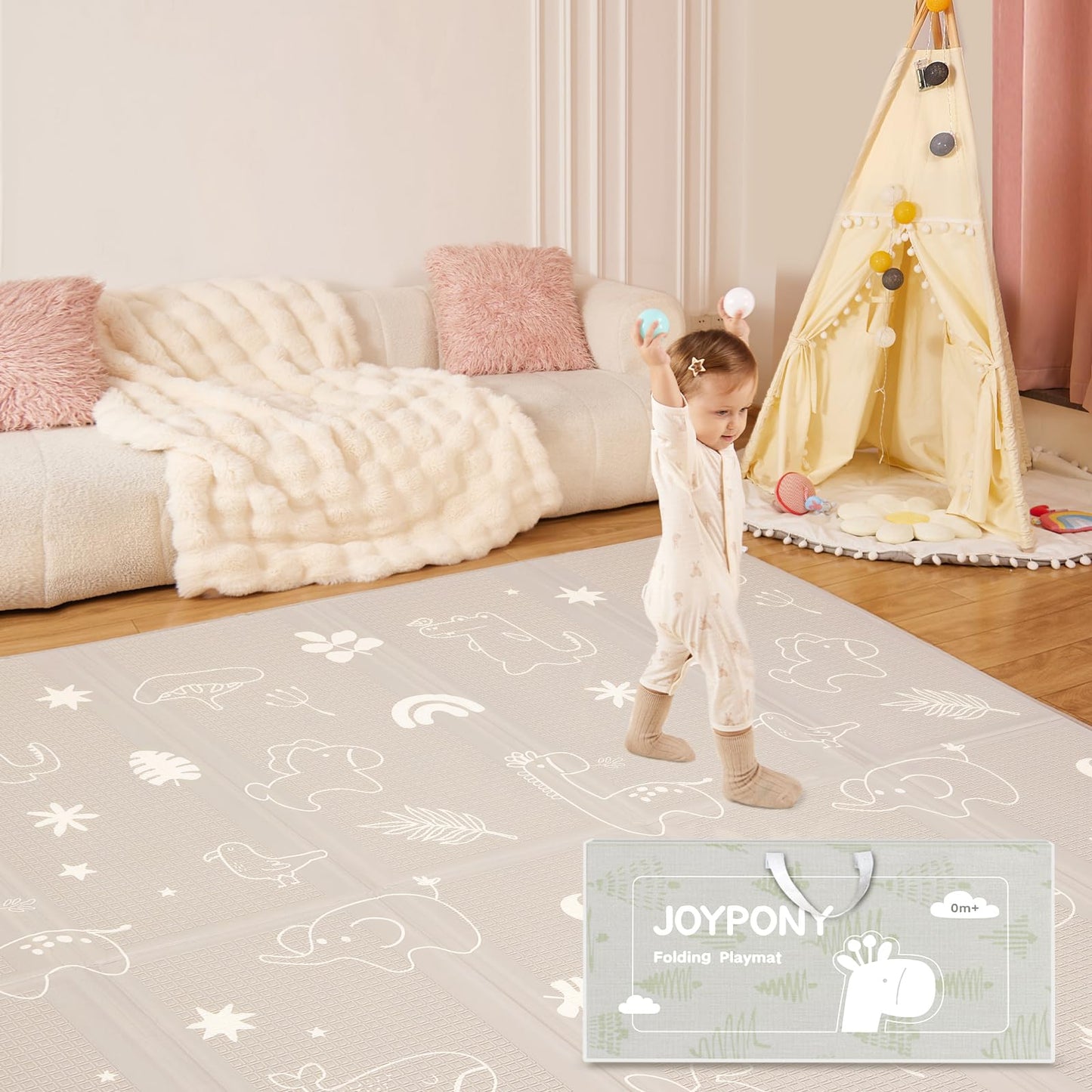 Joypony Play Mat, 120x120 CM Foldable Baby Play Mats for Babies and Toddlers, Waterproof & Anti-Slip Portable Baby Floor Mat, Baby Mat for Floor with Travel Bag