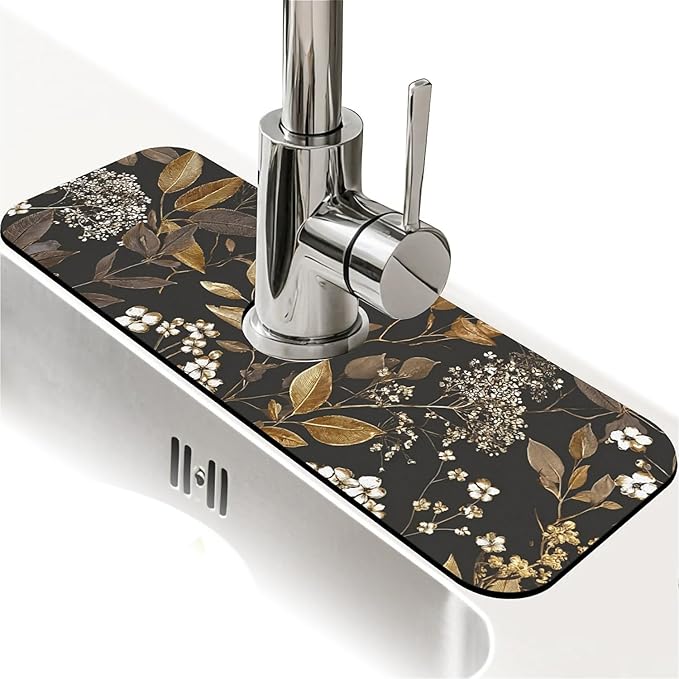 Kitchen Sink Splash Guard，small-flowers and leaves- Faucet Mat Sink