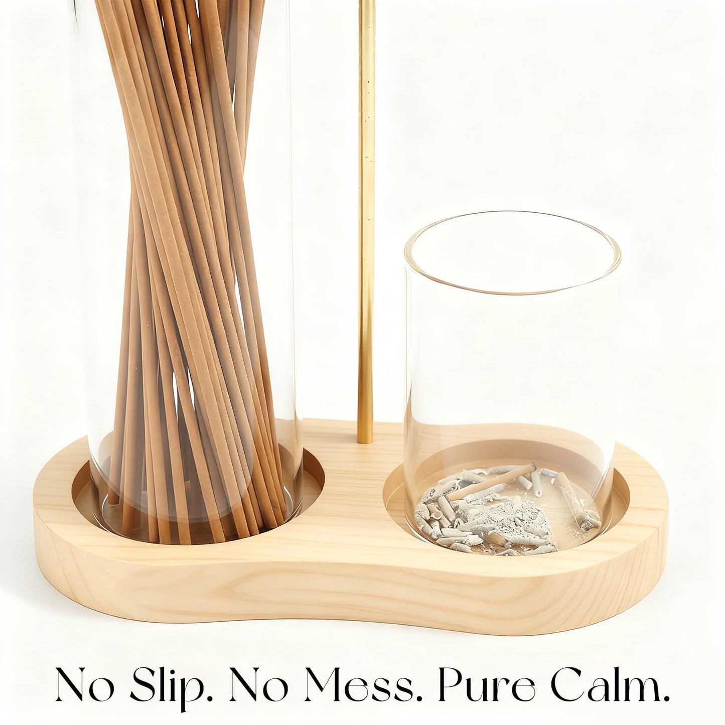 2-in-1 Incense Stick Holder with Glass Ash Catcher, Dual Glass Cups & Metal Clip, Minimalist 8-Shaped Wooden Base, Home Decor Gift (Dark Base)