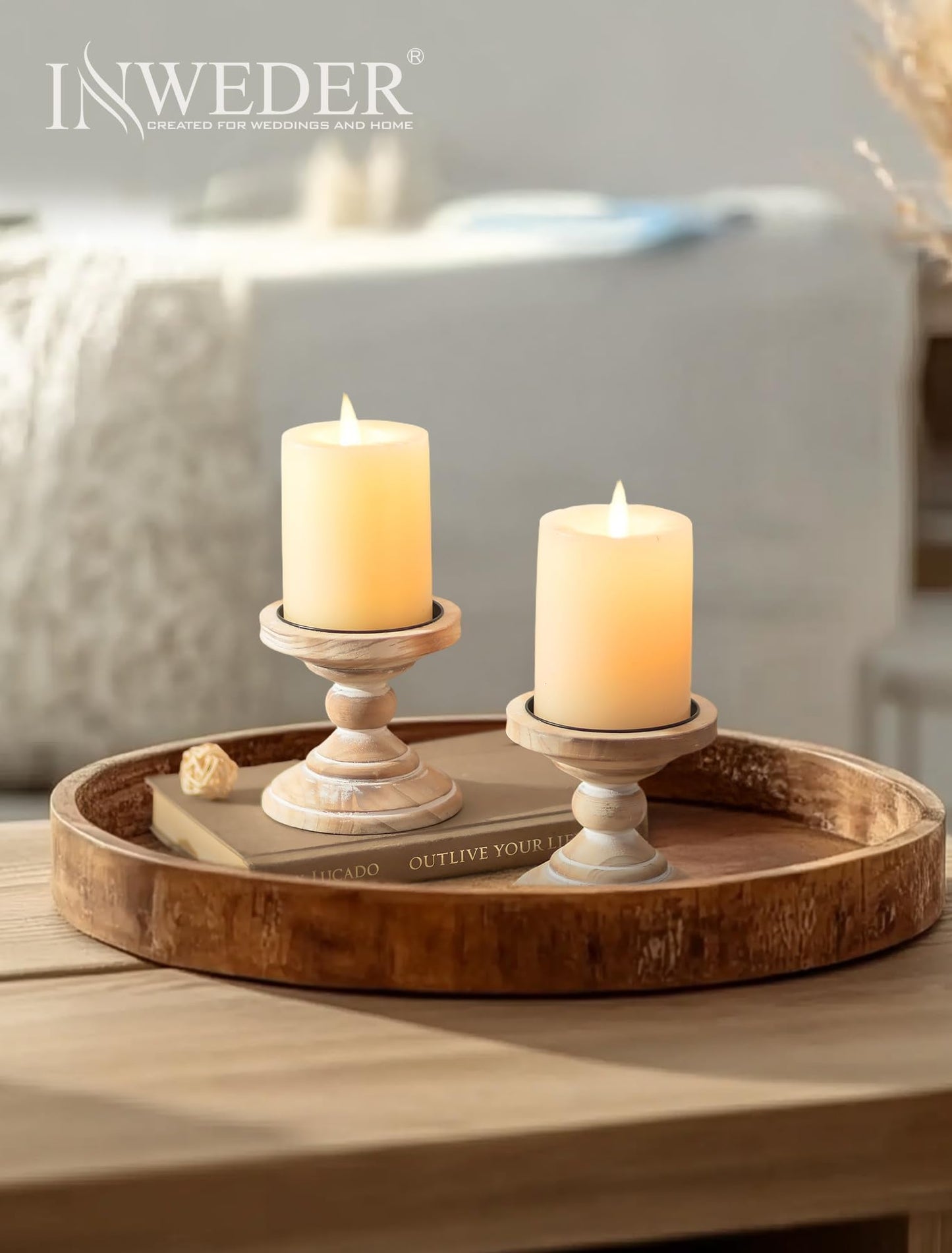 Inweder Wood Pillar Candle Holder: 2Pcs Rustic White Candle Holders for Pillar Candles Wood Candle Holders Distressed Wooden Farmhouse Candle Holder Large Rustic Candle Holder for Fireplace Table