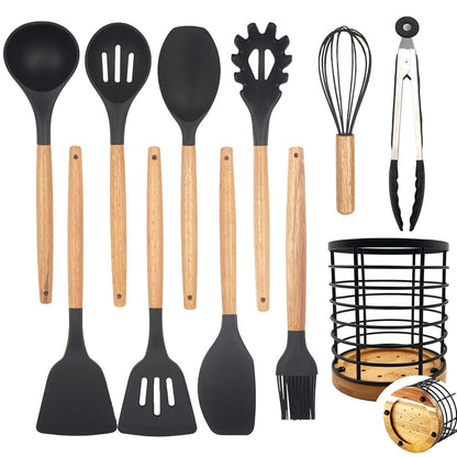 Daily Treasures 12PCS Kitchen Utensils Set,Cooking Utensils Set with Storage Holder,Kitchen Tools Made of Heat Resistant Food Grade Silicone and Wooden Handles for Nonstick Cookware