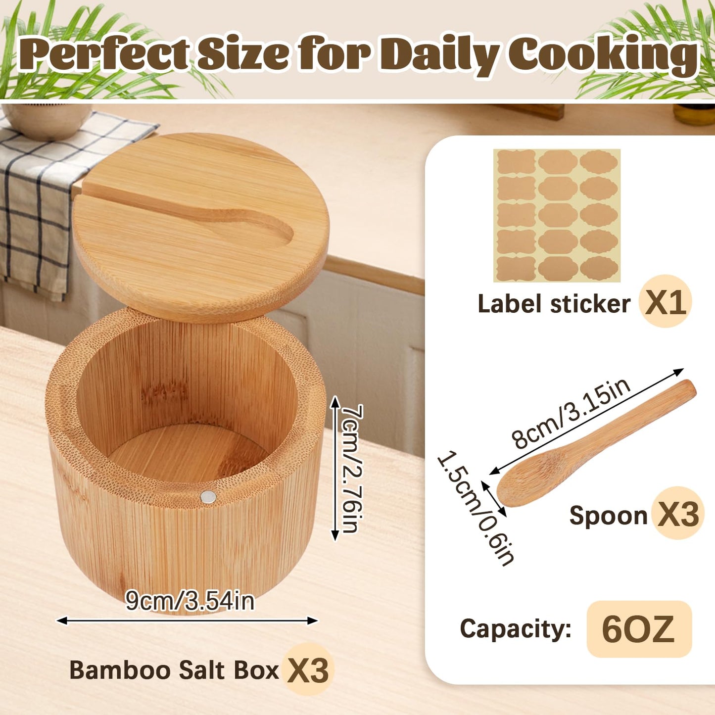 FHUIEWRY 3Pcs Bamboo Salt Cellar, Salt Box Bowl with Magnetic Swivel Lid & Spoon, Round Salt Container Holder Spice Box with Label Stickers to Storage Pepper Spice Sea Herbs Sugar for Countertop,6 OZ