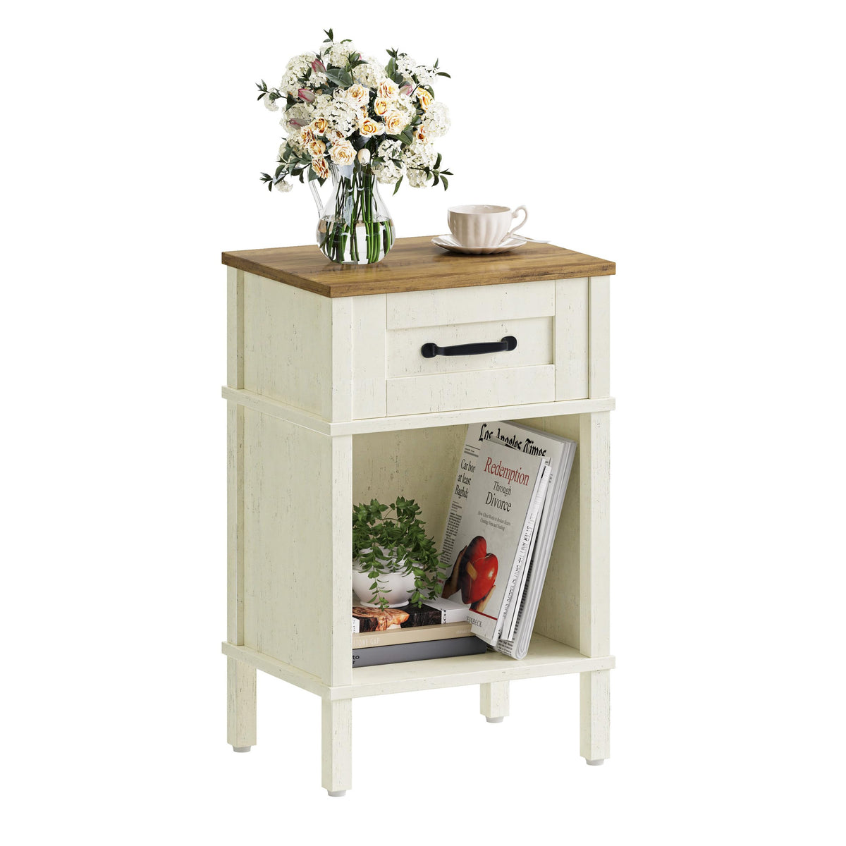 YAUKTAK White Farmhouse Nightstand with Drawer, Small Wooden Bedside Table, White End Table, Bedroom Side Table with Storage, Rustic Wood Night Stand LET512WR