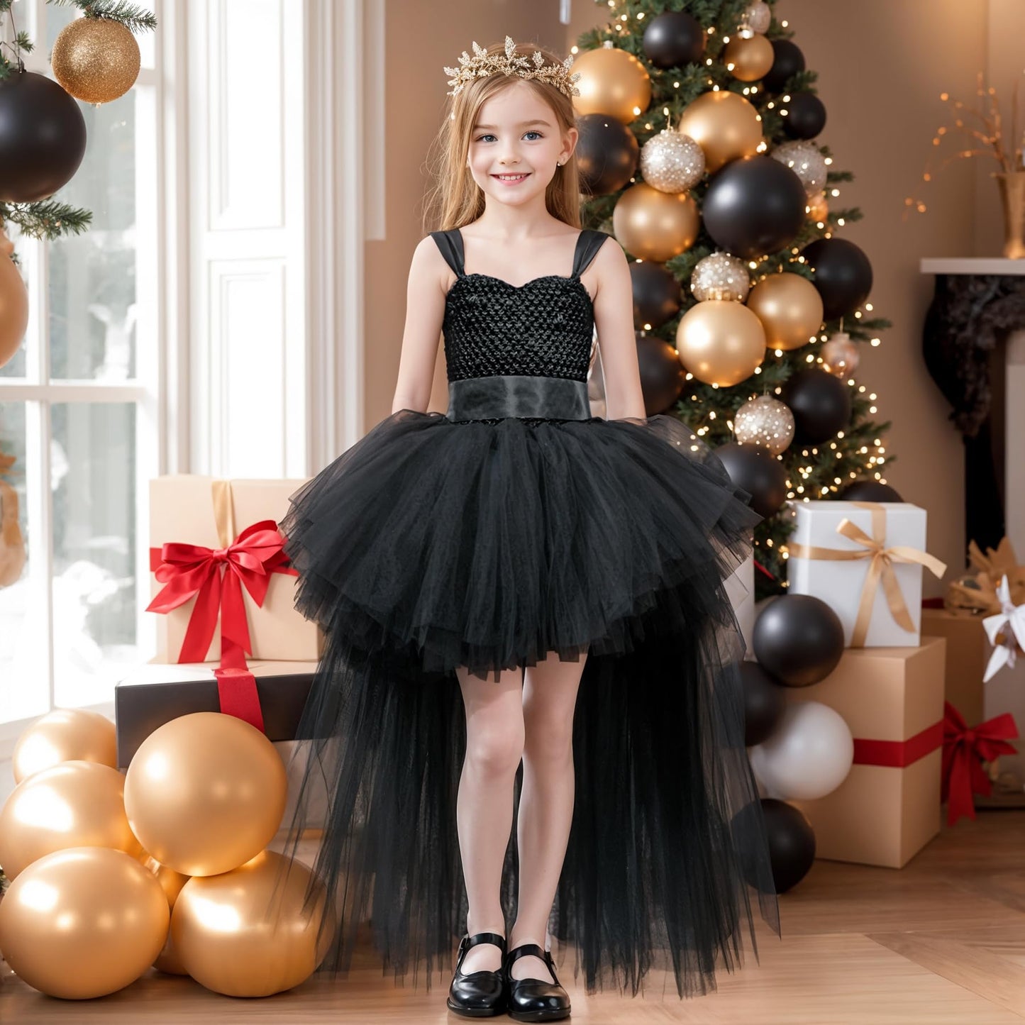 Halloween Black Tutu Dress for Girls Tulle Dresses Fairy Costume Princess Dress up for Kids Toddler Little Girl Birthday Party Outfit Size 5-6