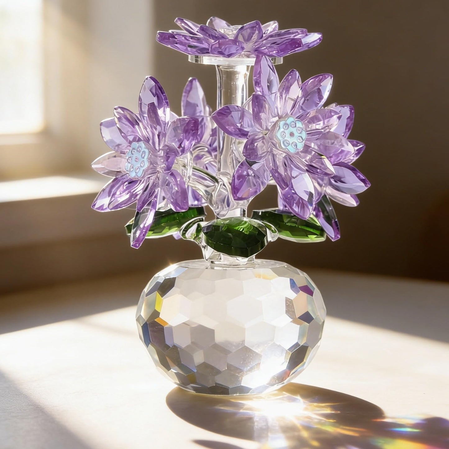 OMISTAR Crystal Purple Daisy Figurines, Crystal Flowers Daisy Decor, Small Paperweight Ornament with Present Box, Floral Collectible, Table Centerpiece for Home Decor