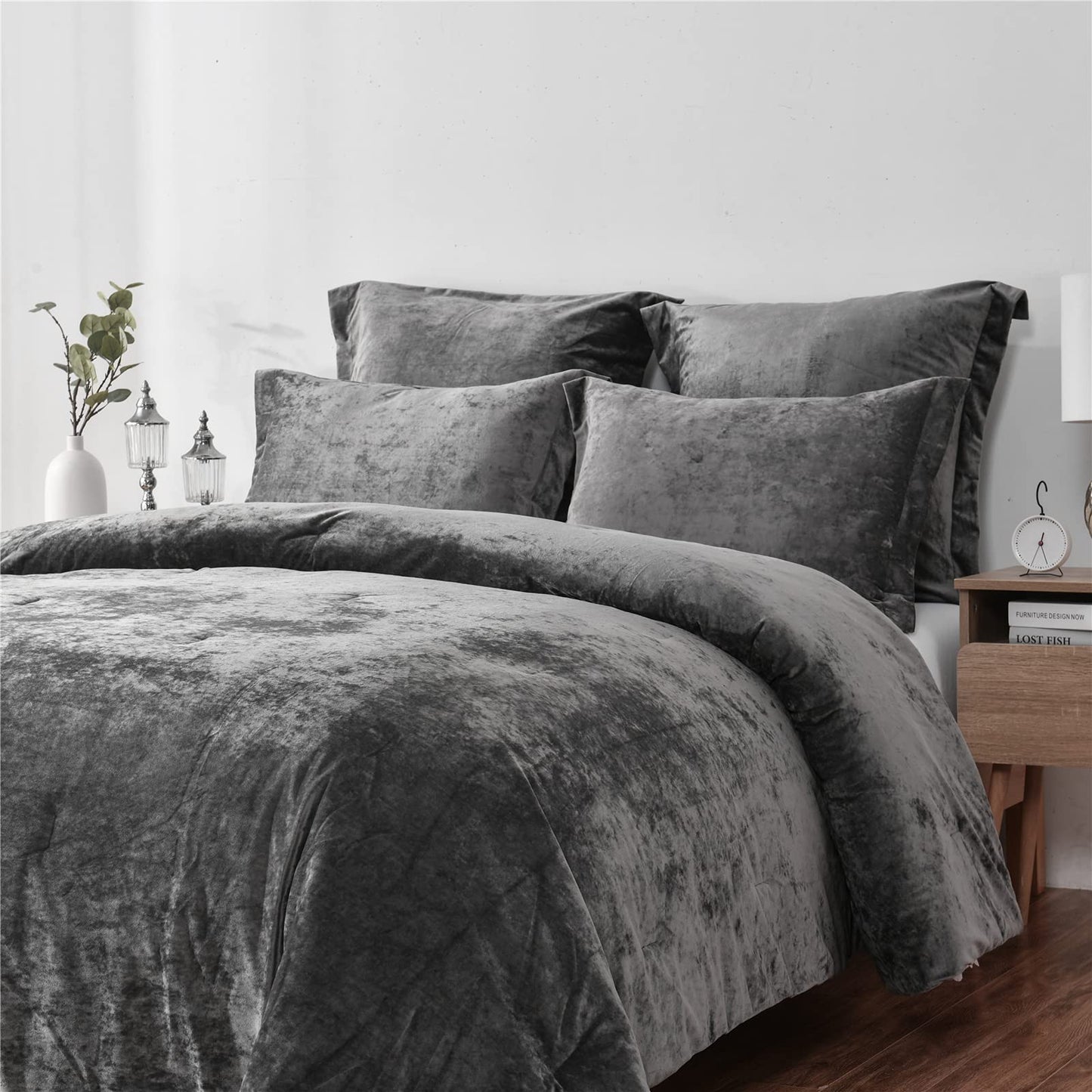 Sunshine Nicole Distressed Velvet Comforter Set, Distressed Velvet Face and Brushed Solid Microfiber Reverse, with Light Weight Soft Poly Fill, 5 Pieces Grey, King