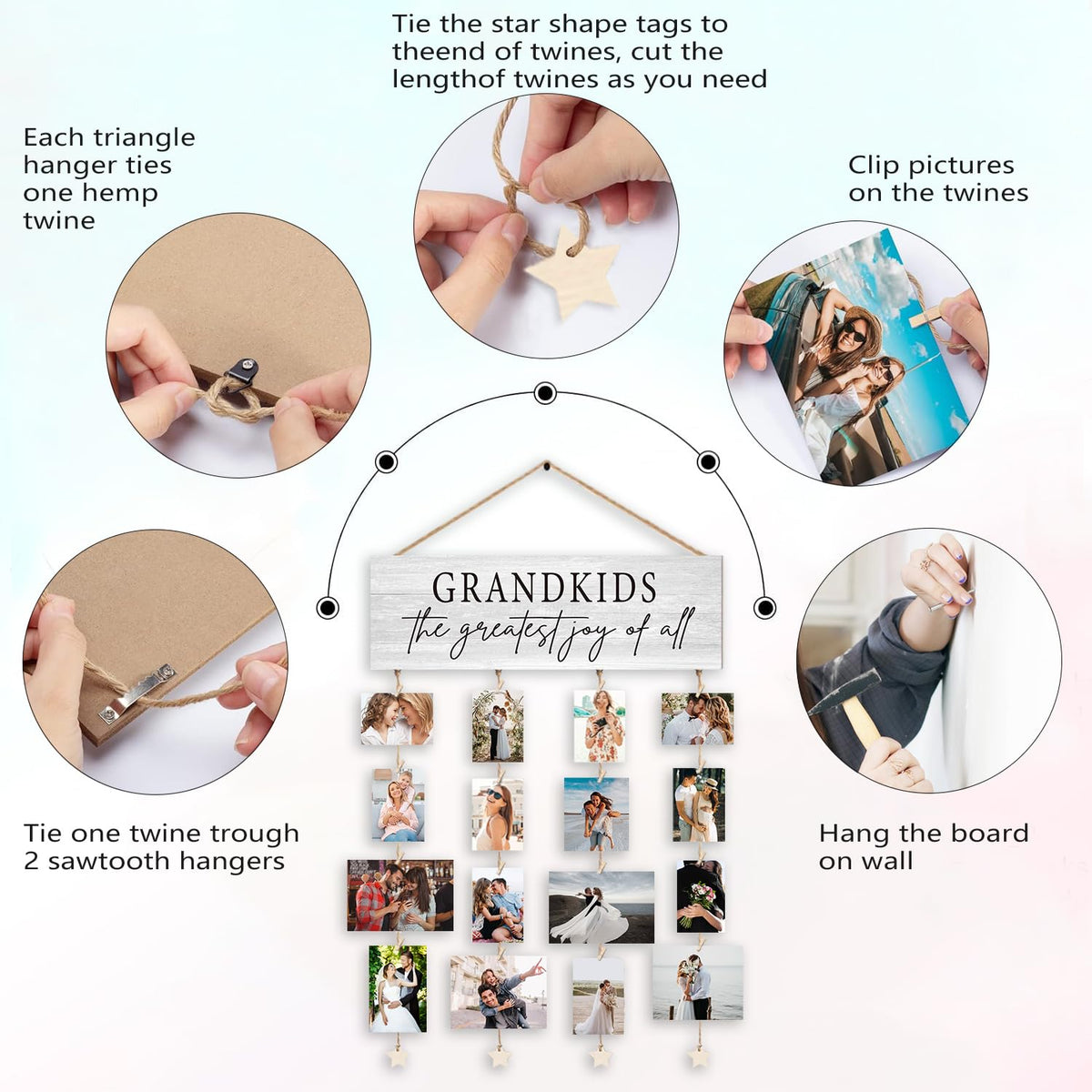 Orchroma Grandkids Picture Frames Collage Wall Decor,Photo Collage Frame for Wall,Gifts for Grandparent from Grandkids,Grandkids Picture Board,Hanging Photo Display with Clips,Picture Hanging Kit