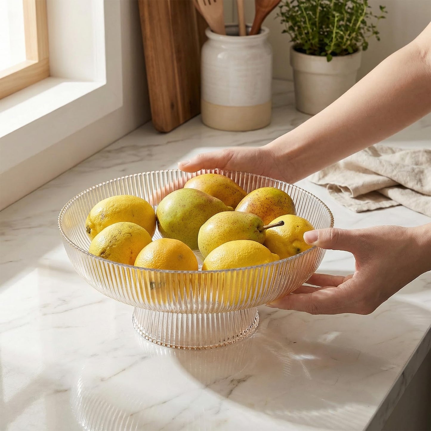 ZOOFOX Fruit Bowl for Kitchen Counter, Large Decorative Glass Bowls with Pedestal, Ribbed Pedestal Bowl for Fruit, Vegetable, Salad and Dessert, Key Bowls for Entry Table