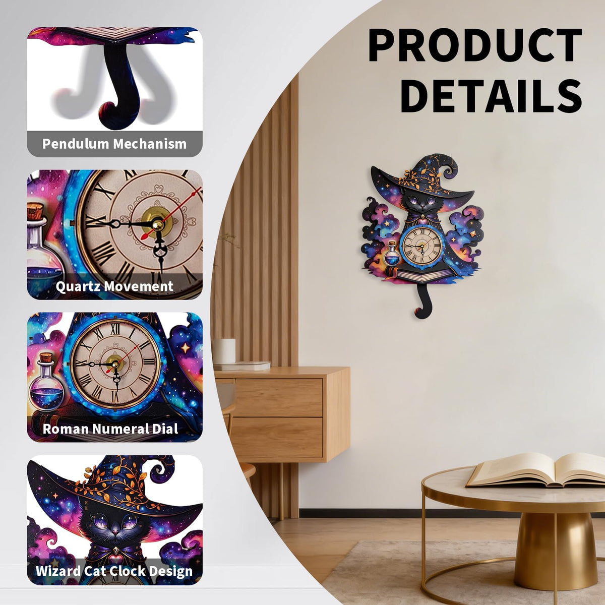 NIUNIUAMY 3D Wooden Puzzle Clock DIY Mechanical Model Kit, Wooden Desk & Wall Clock with Pendulum, Adult Crafts Model Clock Kit, Laser Cut Wood Assembly, Fantasy Cat Wizard Galaxy Decor, Unique Gift