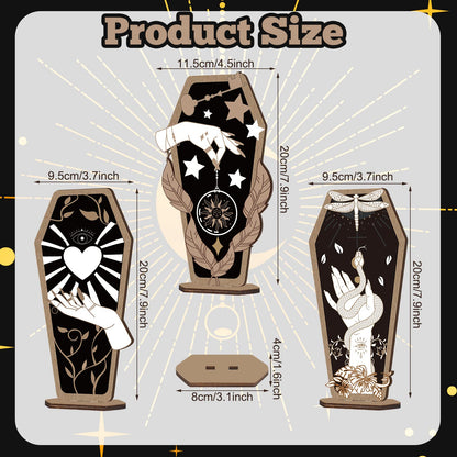 3-Piece Gothic Home Decor: Witch Hand Wooden Coffin Sign, Spooky Hands Stars Hearts Table Desk Accessories for Halloween Party Supplies