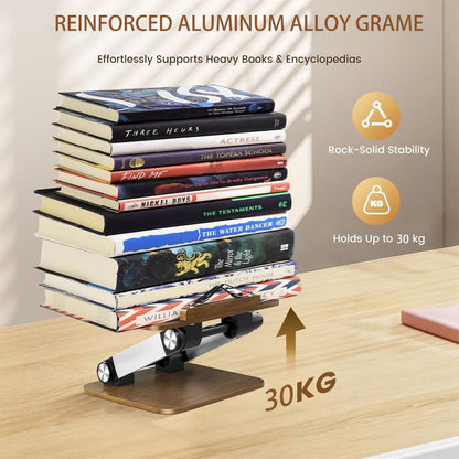 Book Stand for Reading,Book Holder with Metal Clips Cookbook Stand Hands-Free Button Adjustable Thick Bookshelf Foldable Laptop&e-Book Stand for Drawing Reading Novels Magazines (Walnut Wood Grain)