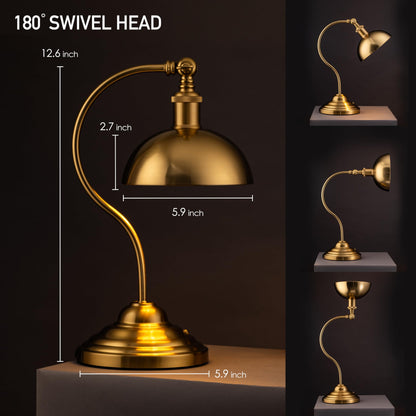 O'Bright Bankers - Cordless LED Table Lamp, Battery-Operated, Rechargeable, 3-Level Dimming, Universal USB-C Charging, 180° Swivel Head, Luxury Metal Shade, Antique Brass
