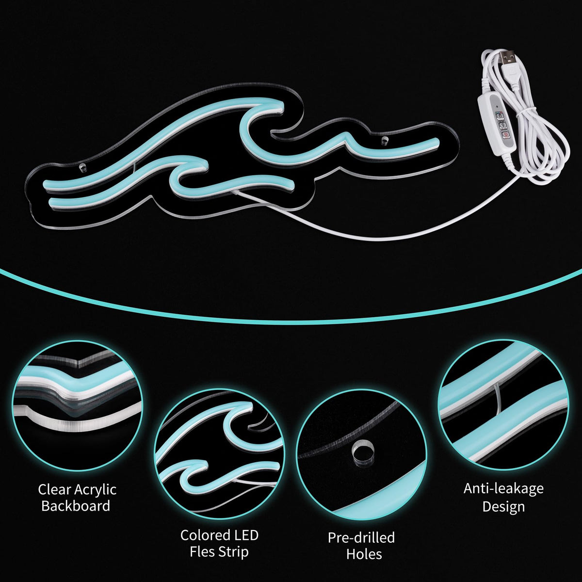 MissAudrey Wave Neon Signs with Cycle Timer, 15 * 5.1" Dimmer Ice Blue Wave Led Neon Light Sign For Kids Wall Decor USB Powered For Living Room Bar Bedroom Decorations Christmas Gift