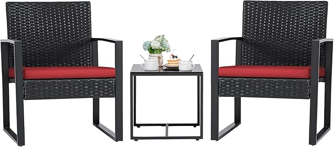 Flamaker 3 Pieces Wicker Patio Furniture Outdoor Modern Rattan Chair Conversation Sets with Coffee Table for Yard and Bistro (Red)