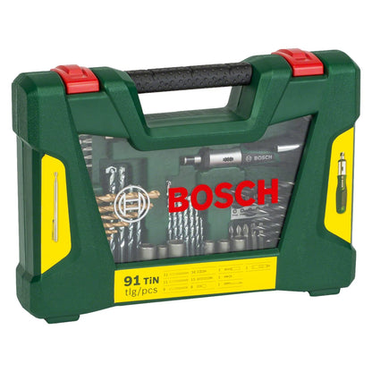 Bosch 2607017195 91-Piece Titanium Drill and Screwdriver Bit Set, V-Line (for Wood, Masonry and Metal, Including Ratchet Screwdriver and Magnetic Rod, Accessories for Drills and Screwdrivers), Green