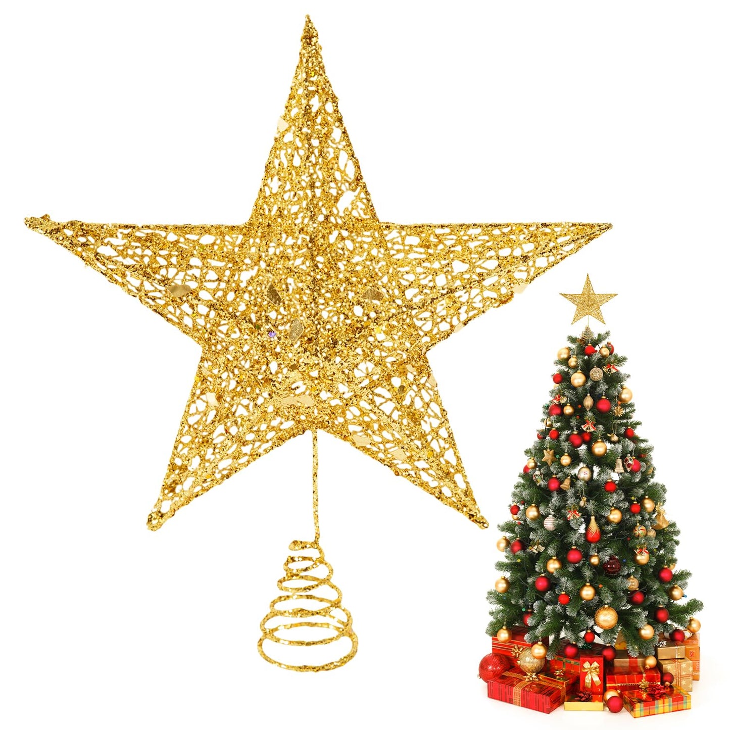 Glittered Christmas Tree Topper, 8 Inch Gold Glitter Christmas Tree Ornaments Metal Hollow Star for Christmas Tree Home Decoration for Home Xmas Holiday Party