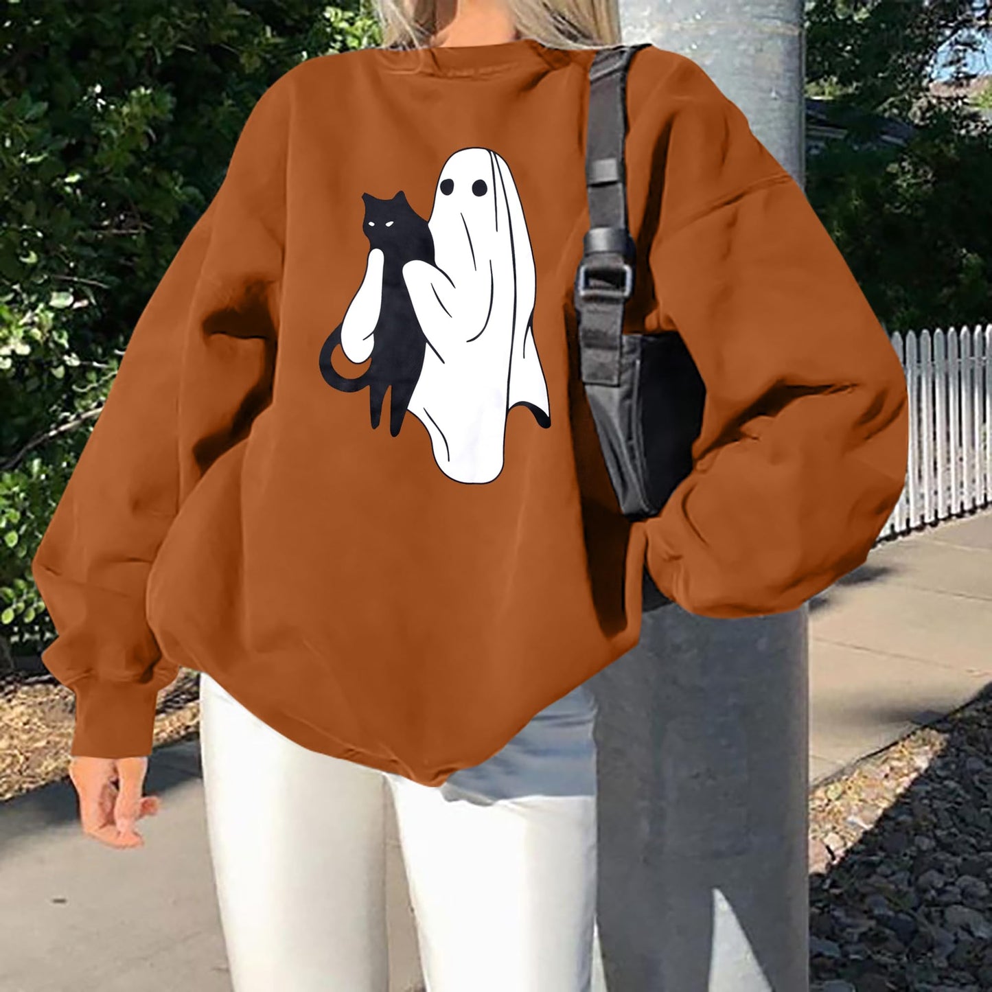 UNIQUEONE Halloween Spooky Season Sweatshirt Women: Black Cat Ghost Sweatshirts Oversized Fall Ghost Pullover