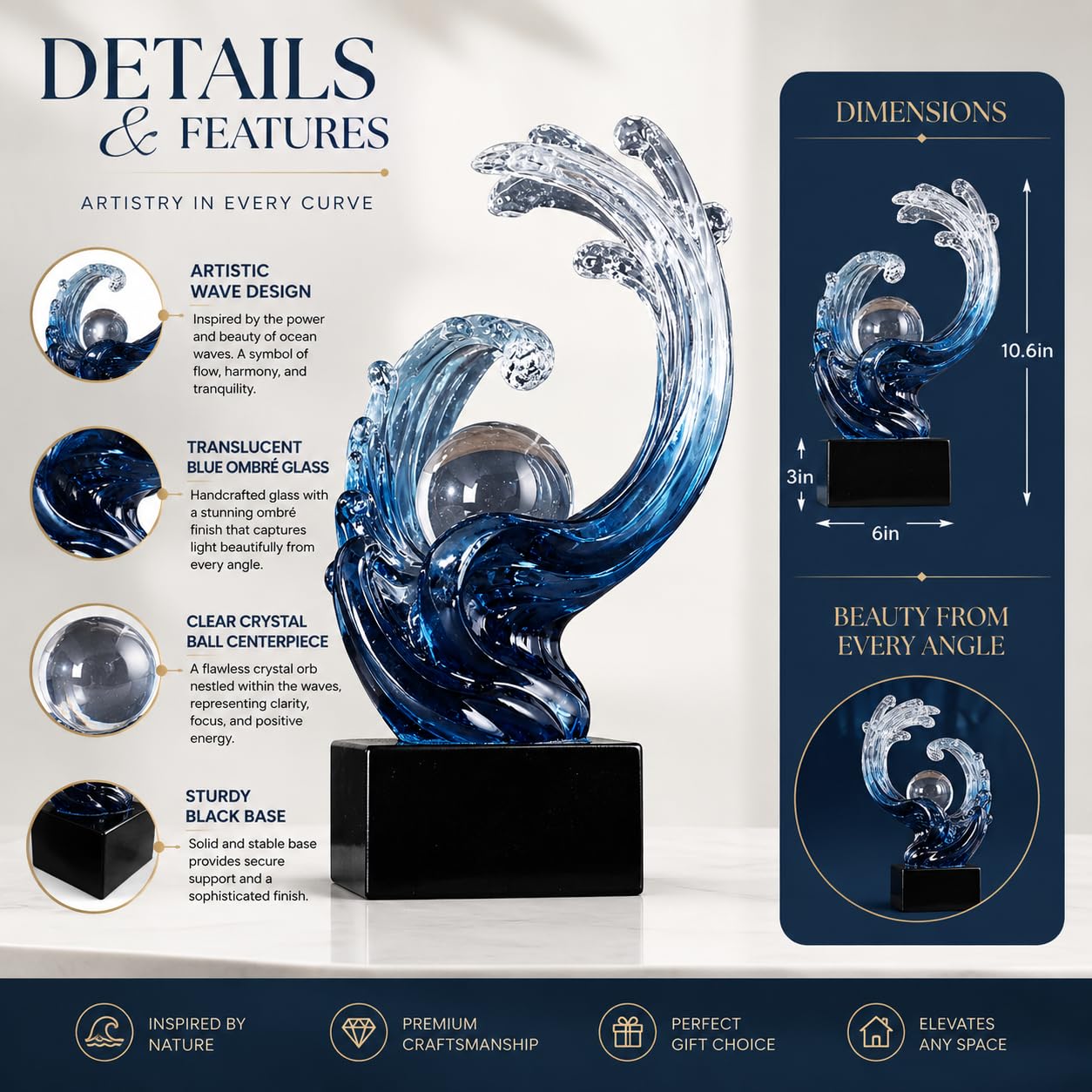 XYQXYQ Modern Abstract Decorative Wave Statue, Gold Abstract Art Home Decor,Crystal Ball Art Wave Resin Sculpture, Office Desk Stand, Dining Table Center Decorative Aesthetics (Blue)