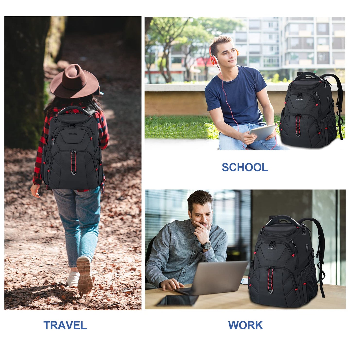 VANKEAN 17.3'' Travel Laptop Backpack TSA Friendly, Water Resistant Anti Theft Extra Large Backpack with RFID Pockets College Backpacks with USB Port for Men Women School Business Work Bag, Black