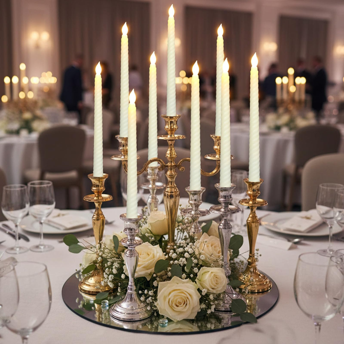 Retisee 50 Pack Easter Flameless Taper Candles 10.6" Spiral Battery Operated Bulk Pastel LED Taper Candles Flickering LED Candlesticks for Easter Wedding Dinner Table Home Decor(Ivory)