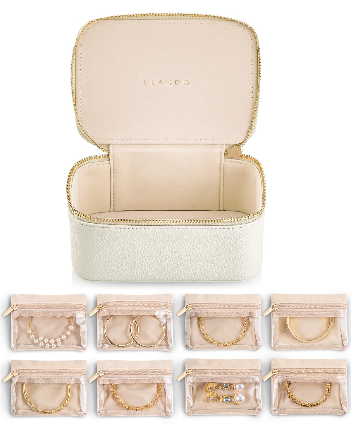 VLANDO Travel Jewelry Case with 8 Velvet Jewelry Bags Jewelry Travel Organizer Box for Girls Jewelry Box for Rings Earrings Christmas Anniversary Birthday Gifts for Women (White)