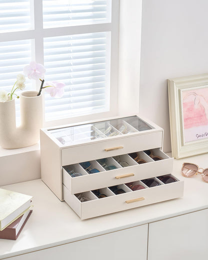 Lolalet 18 Slots 3-Layer Sunglasses Storage Box for Women, Eyewear Eye Glass Sunglass Organizer with Clear Top Lid Display Holder Case for Sunglasses Eyeglass Watch Jewelry, Mothers Day Gifts -Beige