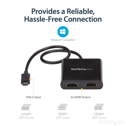 StarTech.com USB-C to Dual HDMI Adapter, USB Type-C Multi-Monitor MST Hub, Dual 4K 30Hz/1080p 60Hz HDMI Laptop Display Extender/Splitter, Extra-Long Built-In Cable, Windows Only (MSTCDP122HD)