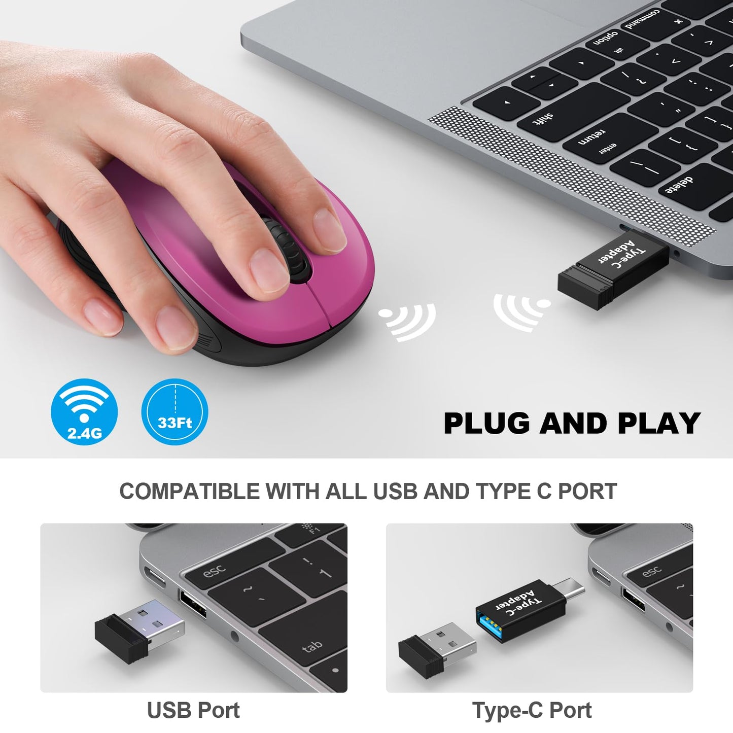 WisFox 2.4G Wireless Mouse for Laptop, Ergonomic Computer Mouse with USB Receiver and 3 Adjustable Levels, 6 Button Wireless Mice for Windows Mac PC Notebook (Grey)