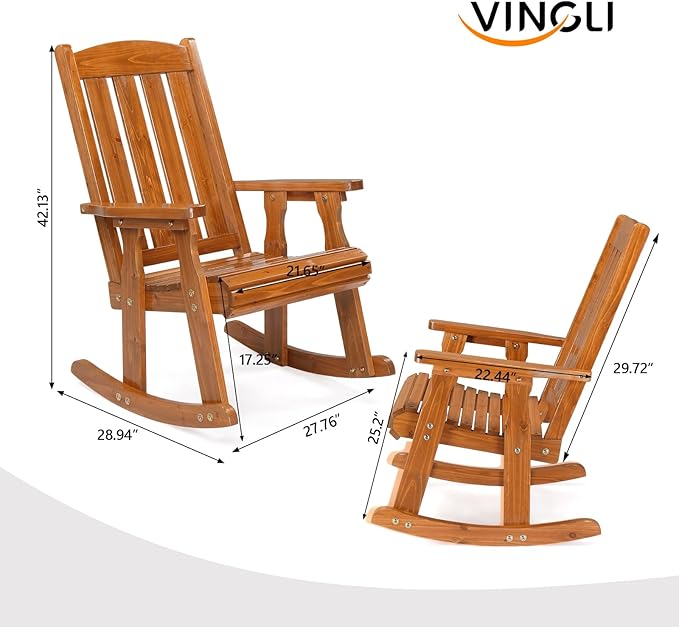 VINGLI Outdoor Rocking Chair Set of 2, Heavy Duty 600 LBS Wooden Rocking Chair with Comfortable Backrest, Weatherproof Rocker with Ergonomic Design, Suit for Patio, Garden, Yard, Teak