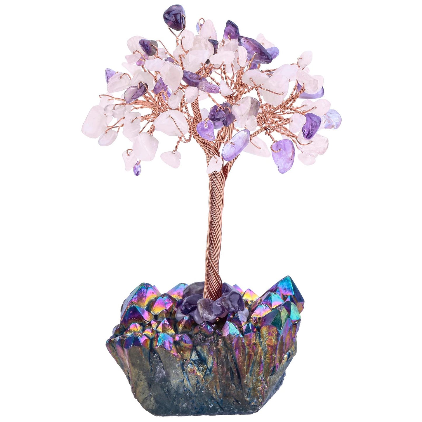 Rockcloud Crystal Money Tree Feng Shui Bonsai with Titanium Coated Crystal Quartz Base Decoration for Wealth and Luck, Amethyst & Rose Quartz