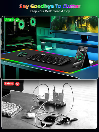 Mouse Pad with Foldable Phone Holder & Wireless Charger, XXL RGB Gaming Mousepad 31.5"x15.8" Large Desk Mat for Keyboard, Black Desk Pad with Dual Qi Charging Station | 11 Colors 5 Modes | Waterproof