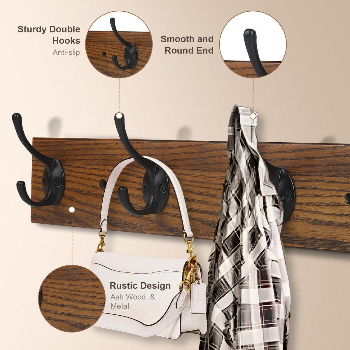 YTJG Coat Rack Wall Mounted, Wall Coat Rack with 4 Rustic Coat Hooks, 17” Entryway Ash Wood Coat Hanger Rail Hooks for Hanging Coats Hats, Perfect for Bedroom Bathroom Kitchen