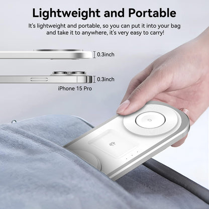 3 in 1 Fast Wireless Charger Stand for iPhone, Foldable Travel Charging Station for Magsafe for iPhone 17/Air/16/15/14/13/12 Series, Apple Watch Series, AirPods pro/2/3/4, Gifts for Women Men (Silver)